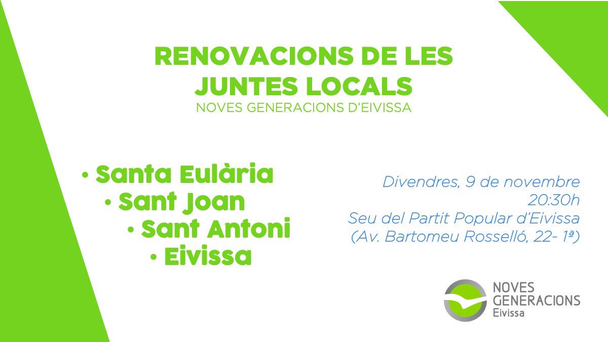 nnggeivissa's tweet photo. Aquesta tarda a les 20.30h us esperam a sa sede de @PPEivissa per renovar ses juntes locals de @nnggeivissa.

#Objectiu2019 #UnaNovaGeneració #UnNouImpuls #FeimPPartit https://t.co/1yR27g3tmP