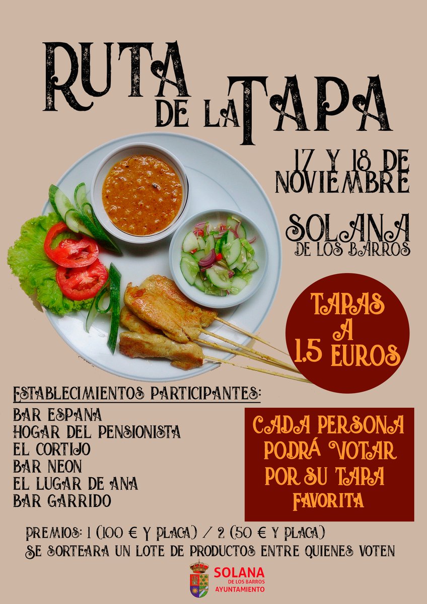 🍇 I FERIA ENOGASTRONÓMICA |

📅 17 y 18 de noviembre
🍺🍢 Ruta de la Tapa con la participación de: Bar España, El Hogar del Pensionista, Bar Garrido, El Lugar de Ana, El Cortijo y Pub Neón

Tapas a 1,5 euros, puedes votar por tu preferida en las urnas instaladas en los bares 📥