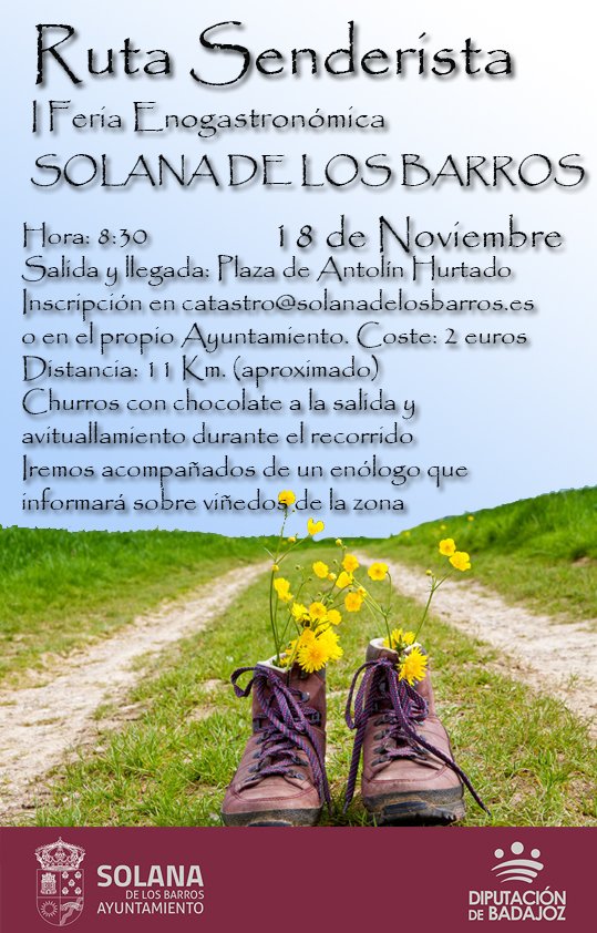 🍇 I FERIA ENOGASTRONÓMICA |

📅 18 de noviembre
8:30 HORAS
Ruta Senderista 🏔👞 por viñedos y olivares de la localidad🍁🌳. 
🚶‍♂🚶‍♀ Distancia: unos 11 km. y dificultad baja
Churros con chocolate 🥨☕ a la salida y avituallamiento 🍌🍊 durante la ruta 🏁