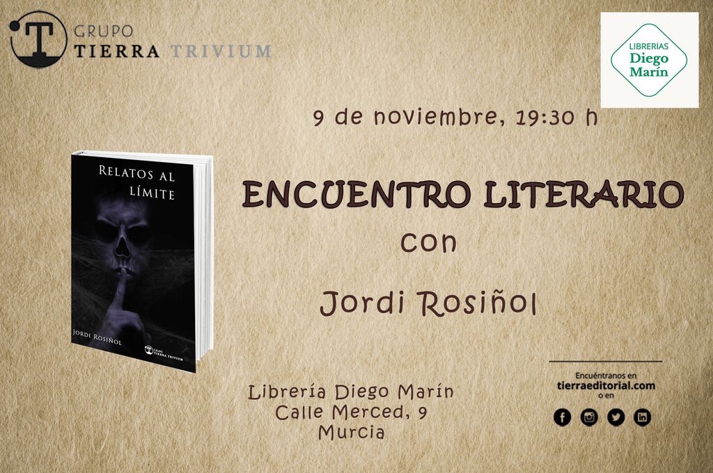 ✒️👓📖Encuentro literario con Jordi Rosiñol 📖👓✒️
El escritor barcelonés tiene hoy una cita, a las 19:30, en @LibroDiegoMarin  para presentar sus 'Relatos al límite' de @TierraTrivium 
🤗¡¡Te esperamos¡¡ 🤗RelatosAlLimite #EncuentroLiterario #LibreriasDiegoMarin