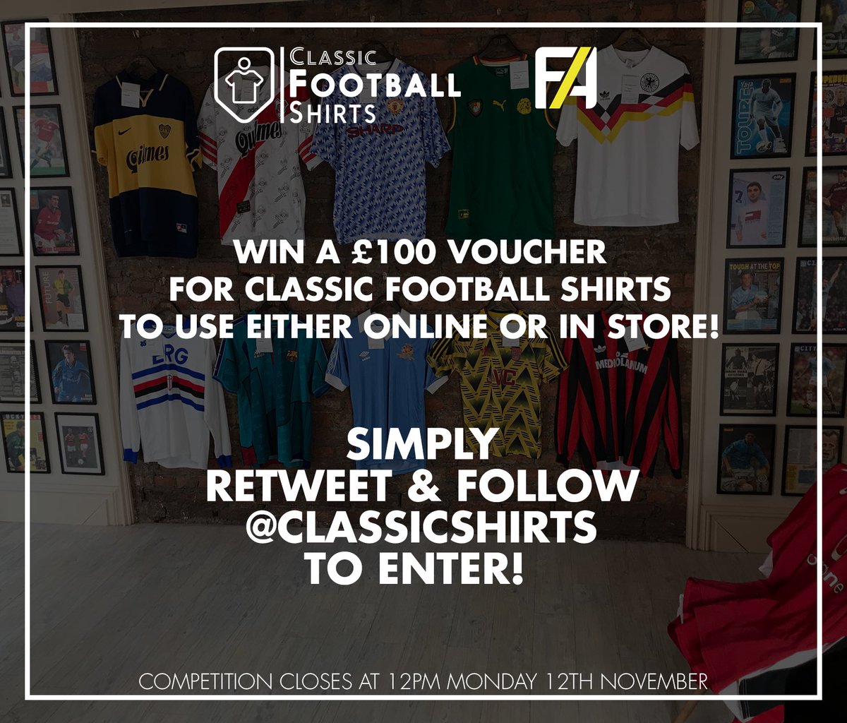 FootyAccums's tweet image. RT THIS FOR A CHANCE TO WIN A £100 VOUCHER TO SPEND AT CLASSIC FOOTBALL SHIRTS! 💷

You MUST be following @classicshirts to enter! 👕