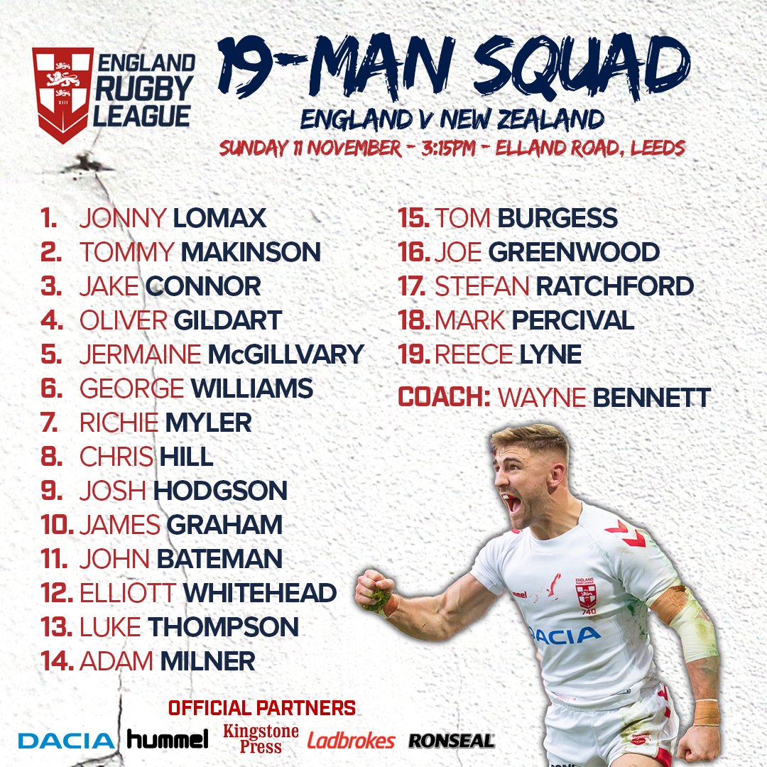 England Rugby League (@England_RL) on Twitter photo 2018-11-09 12:00:06 Wayne Bennett has confirmed his 19-man squad for our final Test match against the @NZRL_Kiwis this Sunday at Elland Road Wayne Bennett has confirmed his 19-man squad for our final Test match against the @NZRL_Kiwis this Sunday at Elland Road