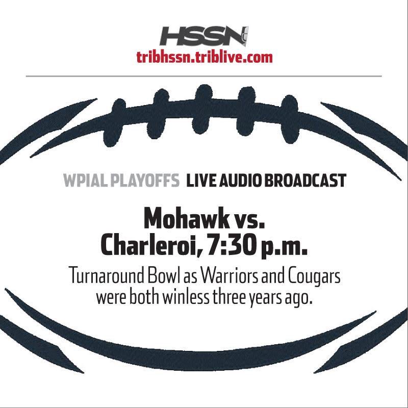 3SNdot's tweet photo. #WPIAL Football - 2A Quarterfinals
#4 Charleroi Cougars (9-1, 6-1 Century)
#5 Mohawk Warriors (9-2, 6-1 MAC)
Kickoff 7:30 from Moon HS. #TurnaroundBowl between two teams who were winless just four years ago. Tune in on @TribLiveHSSN
#TribHSSN #RoadToRMU
https://t.co/j7gEfwvWRx https://t.co/fIpqp0o2Ej