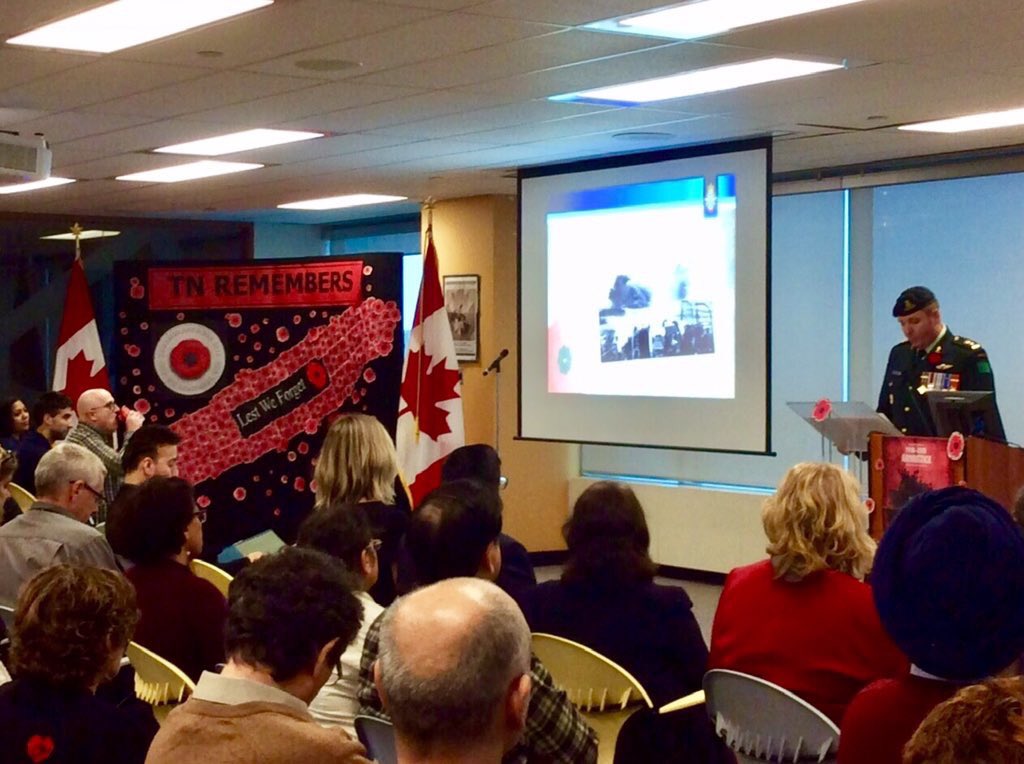 fjpagnotta's tweet photo. A full house for today’s Remembrance Day commemoration event @TNTSO. Very proud to have Lieutenant-Colonel Derek Prendergast speak to the staff. #lestweforget18 https://t.co/w5aSAW770q