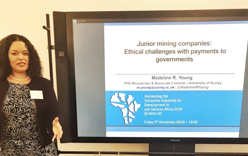MadelineRYoung's tweet image. Thanks for the opportunity to present today at #Ex4Dev18. Excellent speakers and important 
topic: Mining industry &amp;amp; Development. @sbsatsurrey @J_McQuilken @A_Gatsinzi @DrHilson_RHUL @hilson2k