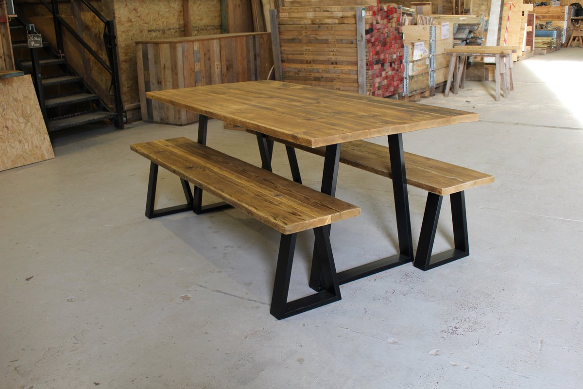 Feeling accomplished! Our latest bespoke table & benches custom order going out today, made from reclaimed scaffold finished in @osmo_uk Honey 3071 with customer supplied legs for that perfect #industrialchic look.