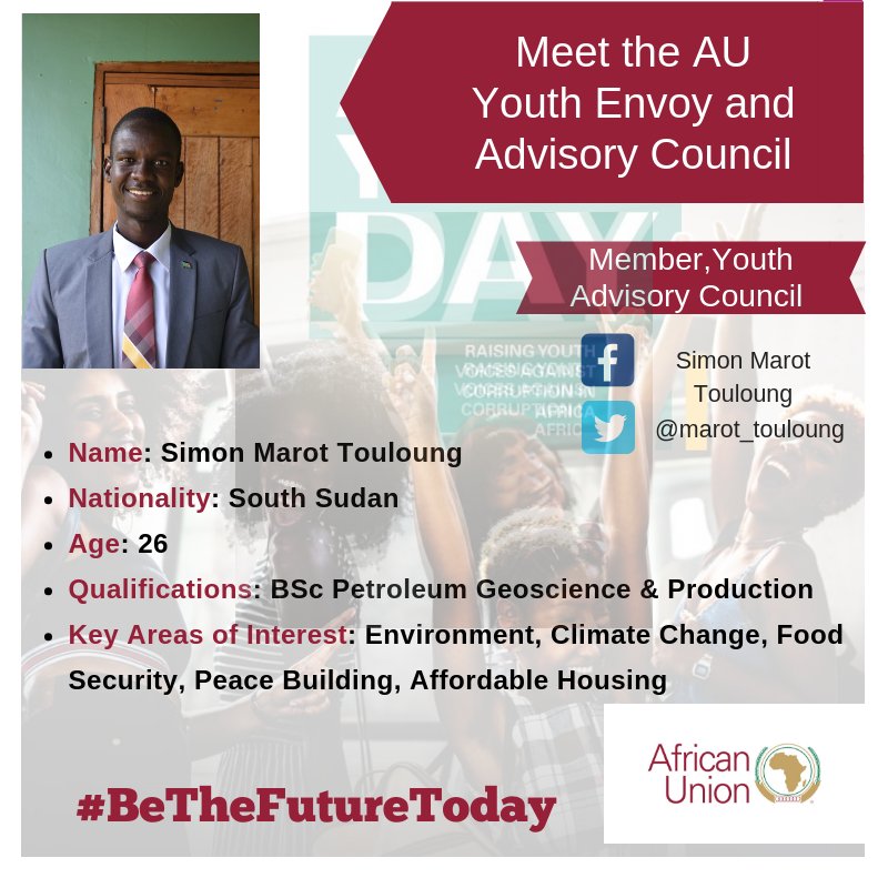 Today we gladly introduce you to @marot_touloung a member of the Youth Advisory Council Did you know he is a member of the UNHCR Global Youth Advisory Council and a co-founder for African Youth Action Network @_AfricanUnion @ProfSarahAgbor @maprude #BetheFutureToday