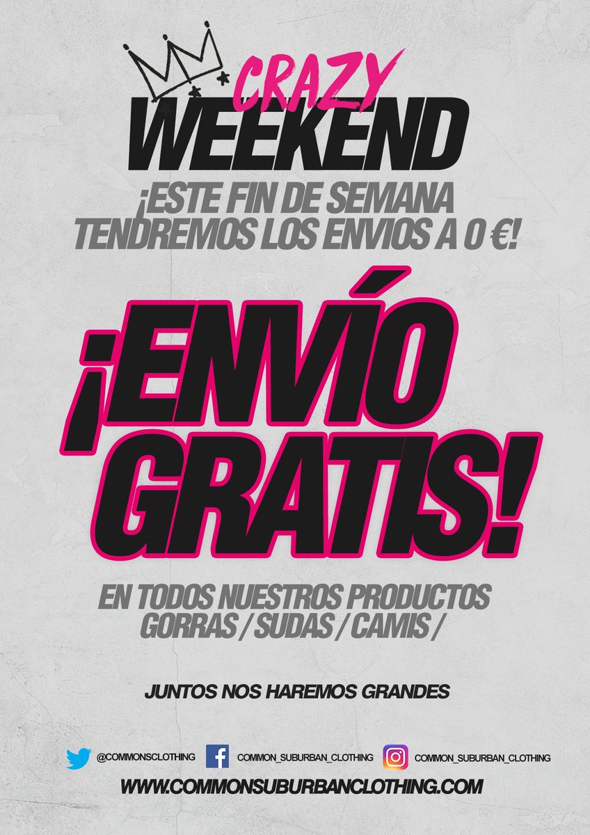 COMMONSCLOTHING's tweet image. Amigos y amigas, este finde tenéis ENVÍO GRATIS!! A 0€ por vuestra cara bonita. Oferta disponible hasta última hora del domingo. commonsuburbanclothing.com
