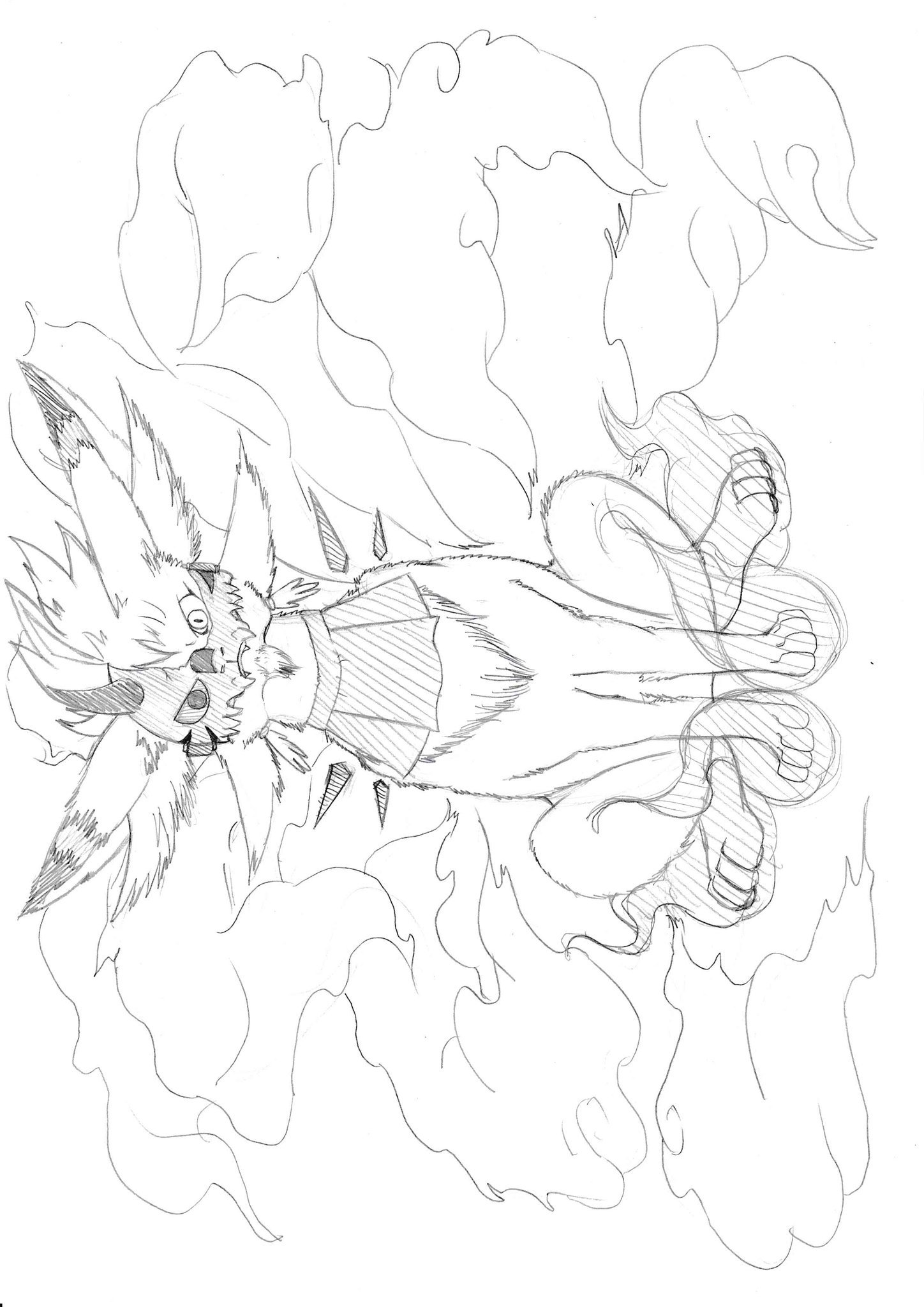 九尾のキタキツネ 炎と闇属性の狐でしたw お絵描き狐のくおきた君の 本気お絵描き形態 こと 白面金毛空狐 くおきた のラフ イラスト ˊᵕˋ ９本の尻尾は尻尾型の9色オーラに変わり妖怪から神になって狐火も消えました 色決まってるし 色塗りは