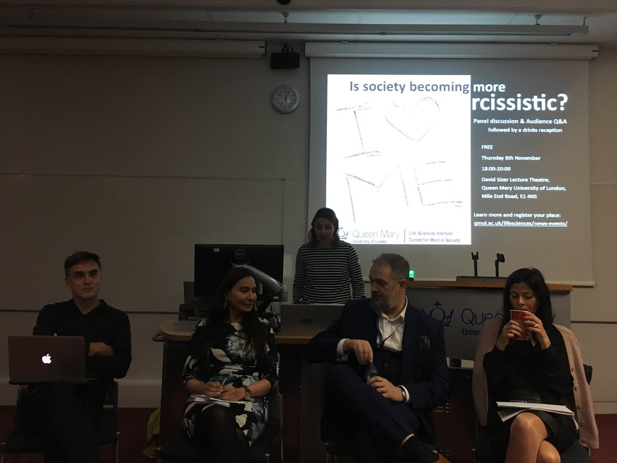 Social Psychiatry (@qmulsocialpsych) on Twitter photo Some of us went to the <a href="/QMUL_LSI/">QMUL Life Sciences</a> #mindsociety event to discuss if society is becoming more narcissistic. It was great to hear Paul Heritage, Yasmin Ibrahim, <a href="/DrFreestone/">Mark Freestone</a> and <a href="/shrink_at_large/">Dr Jay Watts</a> . Thank you Dr Magda Osman and <a href="/CatherineCarrMT/">Dr Catherine Carr</a> for organising this! Some of us went to the <a href="/QMUL_LSI/">QMUL Life Sciences</a> #mindsociety event to discuss if society is becoming more narcissistic. It was great to hear Paul Heritage, Yasmin Ibrahim, <a href="/DrFreestone/">Mark Freestone</a> and <a href="/shrink_at_large/">Dr Jay Watts</a> . Thank you Dr Magda Osman and <a href="/CatherineCarrMT/">Dr Catherine Carr</a> for organising this!