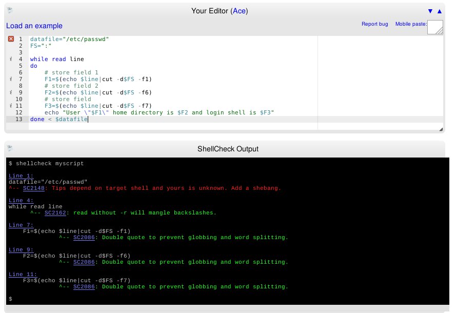 hofmannedv's tweet image. Validating shell scripts with #shellcheck -- shellcheck.net
