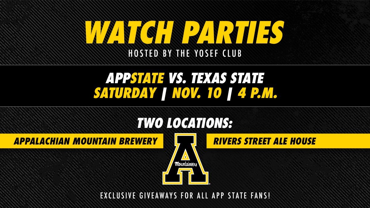Mountaineers Athletic Fund (@yosefclub) on Twitter photo Need a place to watch the game on Saturday, we have you covered. Watch parties at both River Street Ale House and <a href="/AMBrewery/">Appalachian Mountain Brewery and Cidery</a>. The Winter Warmer Project will also be on hand <a href="/AMBrewery/">Appalachian Mountain Brewery and Cidery</a> collecting new or gently worn winter items. See you Saturday. #BeatTXST Need a place to watch the game on Saturday, we have you covered. Watch parties at both River Street Ale House and <a href="/AMBrewery/">Appalachian Mountain Brewery and Cidery</a>. The Winter Warmer Project will also be on hand <a href="/AMBrewery/">Appalachian Mountain Brewery and Cidery</a> collecting new or gently worn winter items. See you Saturday. #BeatTXST