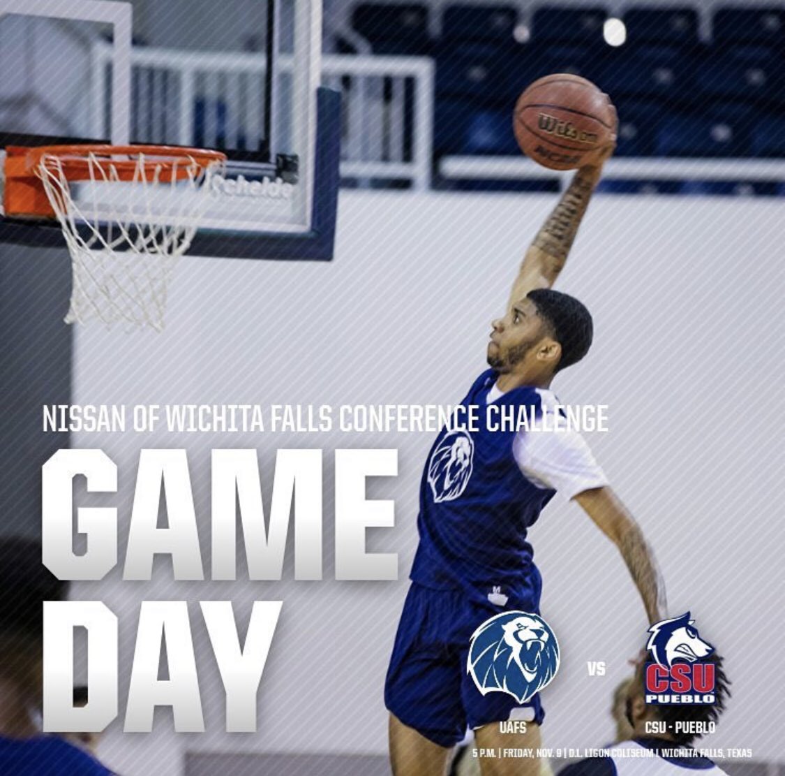 UAFSMBB's tweet photo. GAMEDAY!!! 🦁🔵💪🏽
🏀 @uafsmbb vs @CSUPueblo 
📍 Ligon Coliseum//Wichita Falls, TX
📅 11/9/2018
⏰ 5pm
#BleedBlue #UAFSMBB https://t.co/yTyE4lopbr