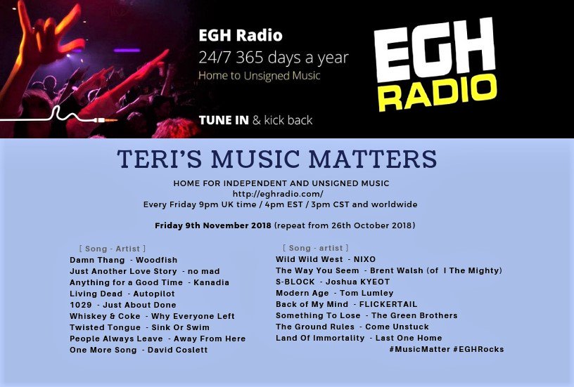 【TODAY】
Tune in to <a href="/EGHRadio/">EGH Radio</a> 9pmUK time, enjoy the fresh unique sound on Teri's #MusicMatters 🎧eghradio.com/player_stream/
feat
@TomLumleyMusic
#FLICKERTAIL
<a href="/GreenBrothers_/">TGB</a>
<a href="/ComeUnstuckBand/">Come Unstuck</a>
#LastOneHome
#NewMusicAlert #bestindie #EGHRocks #repeat
Details: facebook.com/MusicMattersWi…