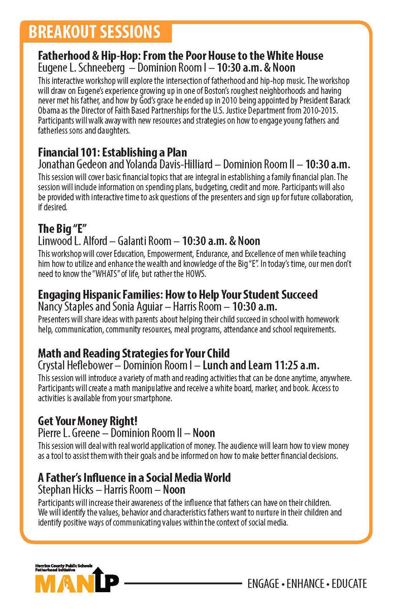 Check out our conference breakout sessions! Register today for our 3rd Annual HCPS Title I Fatherhood Conference at goo.gl/forms/4w8qOn6A… .