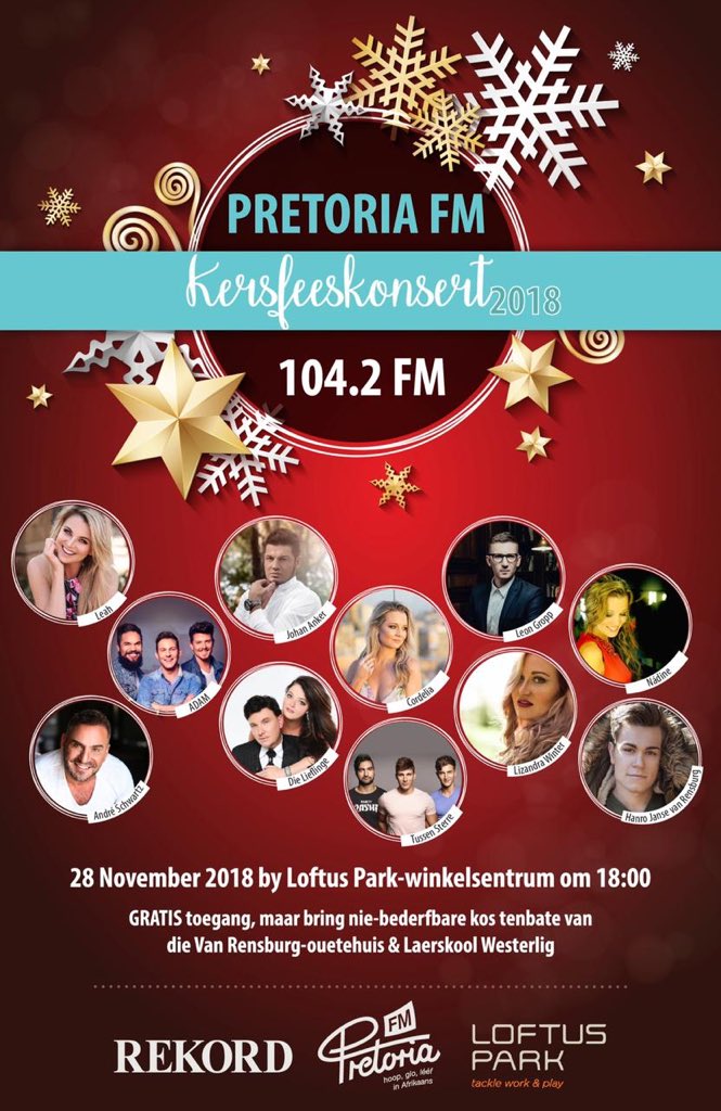 Lekker <a href="/PretoriaFM/">Pretoria FM</a> Kerskonsert die 28ste Nov om 18h00! Saam met <a href="/Cordelia_Live/">CORDELIA</a> <a href="/NadineNet/">Nádine</a>  <a href="/LeahMusiekSA/">Leah</a> en @DieLieflinge . Hoop&amp;Bid ek sien julle daar! 
<a href="/Umusiek/">Universal Musiek</a> <a href="/100persentegAfr/">100% Afrikaans</a> <a href="/Christien_DK/">Christien De Klerk Marketing</a>