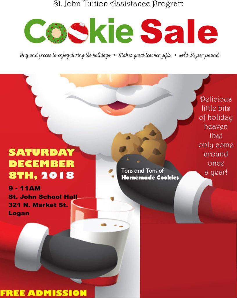 StJohnEagle's tweet photo. Don't have time to bake Christmas cookies? Come to St. @StJohnEagle  Cookie Walk Sale, Dec 8th 9-11am. Select from dozens of homemade cookies and other delights.  $8 per pound.  Proceeds benefit St. John Tuition Assistance Program @fishercatholic @SMSLancaster @stbernadetteoh https://t.co/j3OqDMqghl