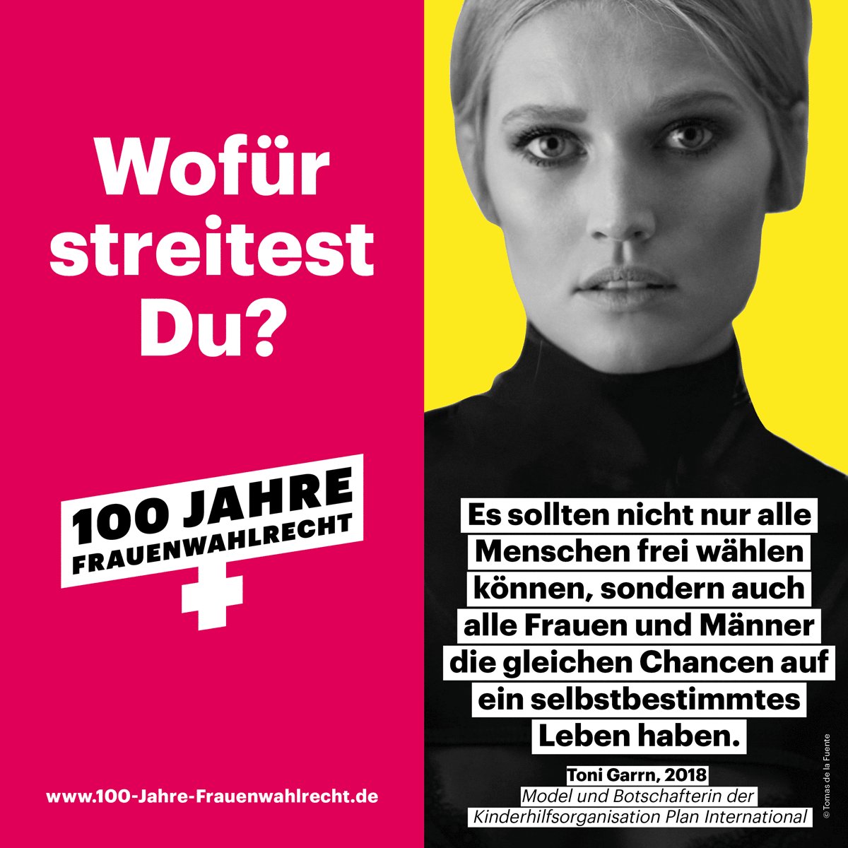 Im November 1918 wurde das #Frauenwahlrecht in Deutschland eingeführt. Am 19. Januar 1919 durften Frauen dann erstmals wählen und sich auch zur Wahl stellen. Auch 100 Jahre später ist immer noch keine vollständige #Gleichstellung erreicht. Deshalb fordert auch <a href="/ToniGarrn/">Toni Garrn</a>: