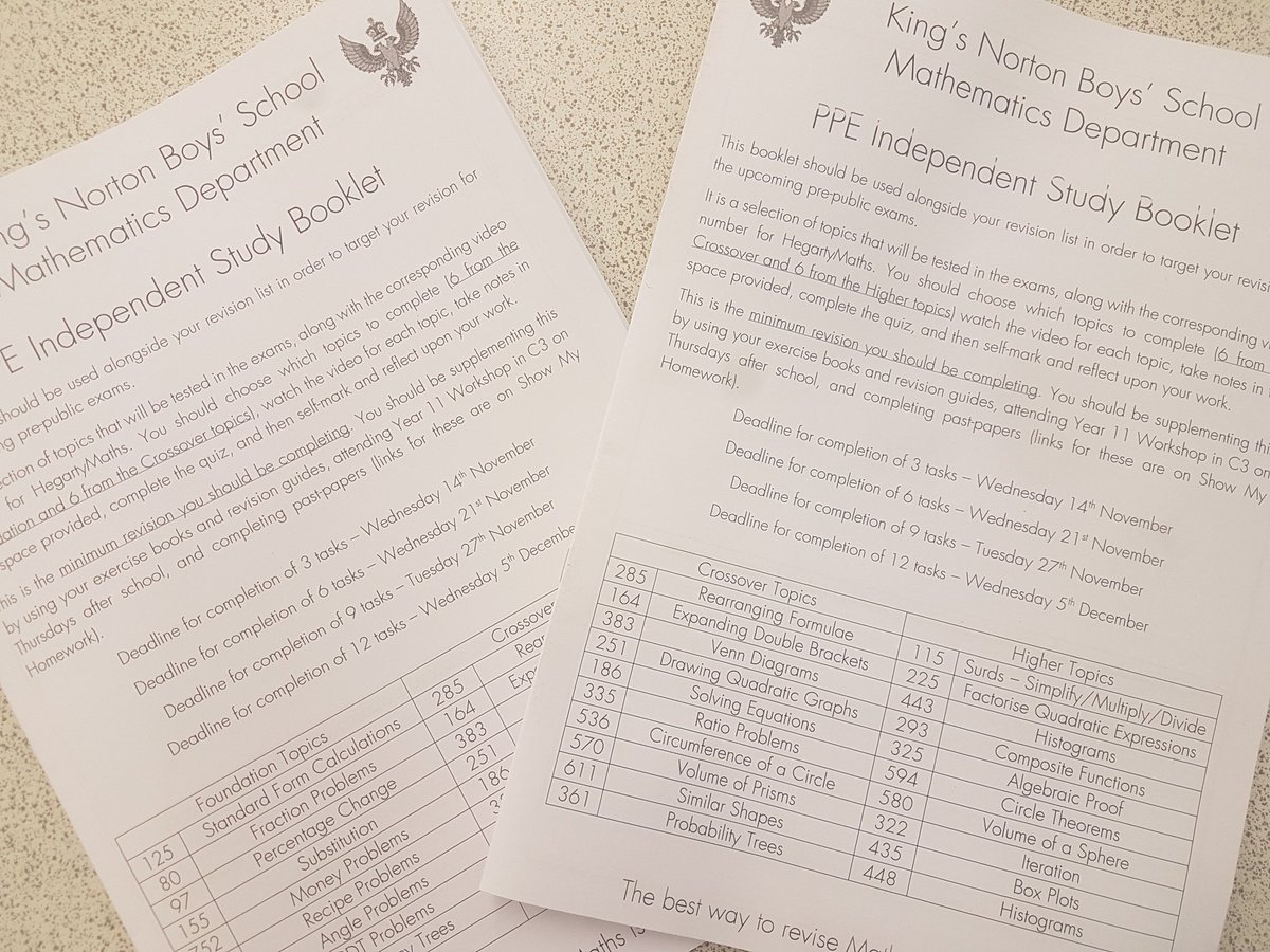 KNBS_Maths's tweet photo. All Year 11 pupils should have now received their Independent Study Booklet for the upcoming PPEs. Ensure you are watching the @hegartymaths videos, taking notes, and then doing the quizzes. The first 3 tasks are due on Wednesday 14th November https://t.co/hPhpRdHM07