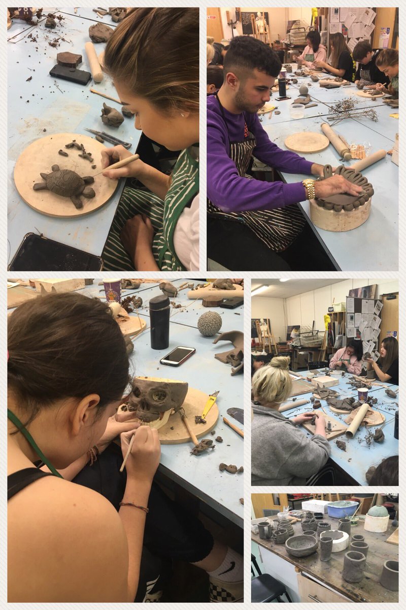 Gwaith hyfryd gan fyfyrwyr Safon Uwch Celf - slabio, mowldio, clai gyda llaw a cherflunio i gyd mewn un diwrnod! <a href="/ElunedGlyn/">Eluned Glyn</a> #Cymraeg #celf #clai #joio