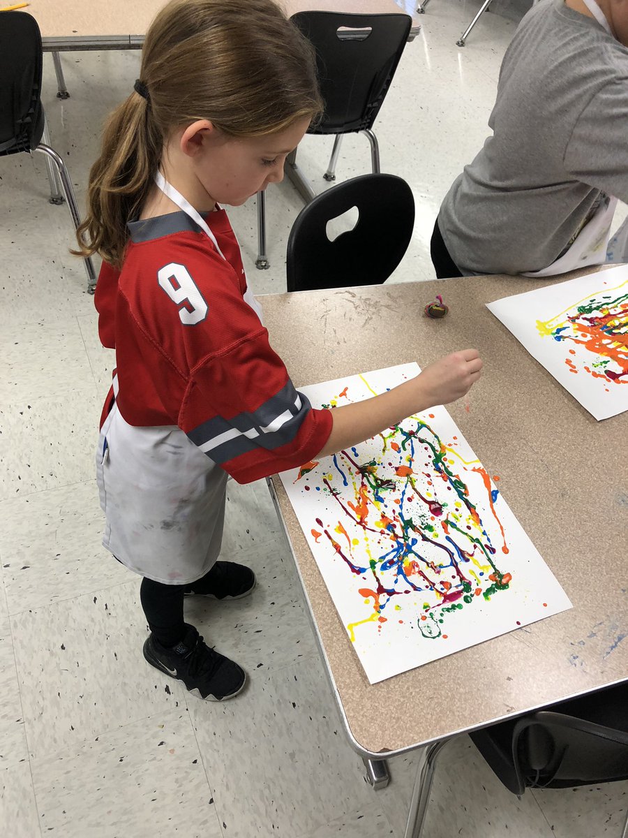 1st graders are getting messy this week and channeling their inner Jackson Pollock. #makesomemesses #drippainting #letthemexplore #artroomismadeformesses