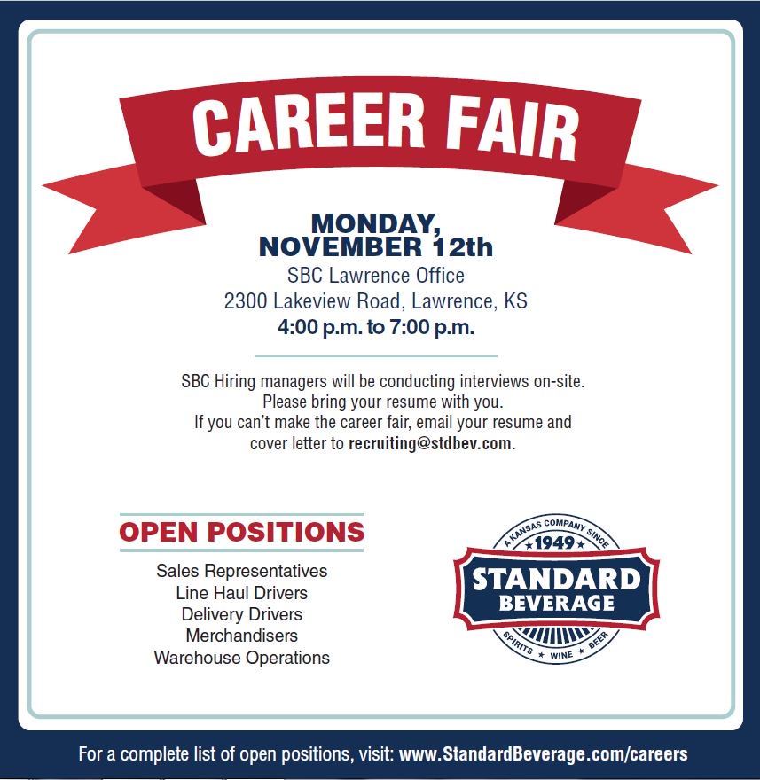 SBCKansas's tweet photo. Looking for a new Career? We're hosting a Job Fair at our Lawrence Warehouse, NEXT MONDAY, NOVEMBER 12th from 4-7 pm. Cheers to new opportunities! #SBCKansas #Since1949 #BoozeBusiness #JoinOurTeam #WorkForSBC https://t.co/sxTBhFEGtf