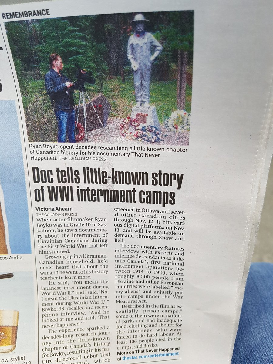 My morning read on c-train. Happy to see <a href="/Ryan_Boyko/">Ryan Boyko</a> @cofinidi film That Never Happened featured under remembrance section. The award winning documentary is being screened in theaters across Canada. 
 #NeverForget #Internment #UkrainianCanadian
