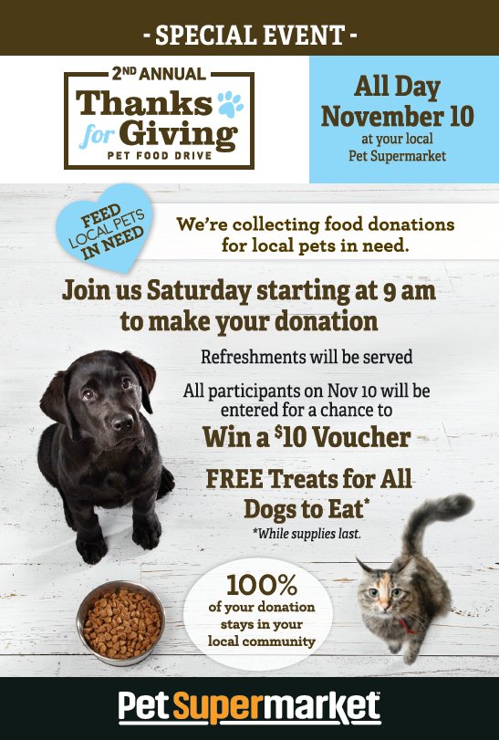 petsupermarkets's tweet photo. Tomorrow is our Thanks for Giving #Pet Food Drive! Join us to help make this year's Pet Food Drive even bigger and better than last year! All #donations help pets in your own community. Plus treats for #dogs and #cats and refreshments for humans! #FridayFeeling https://t.co/jXBFuFQyDt