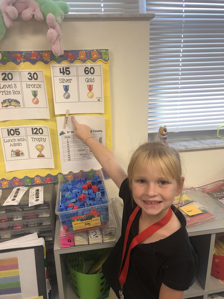 MsCall1stgrade's tweet photo. So proud of Penny to be the first student in the whole school to get her silver medal for earning 45 reading counts points! @lishendrix @collierschools #bAck2bAck @SLESeahawks #firstgrade https://t.co/lSnRomtEgL