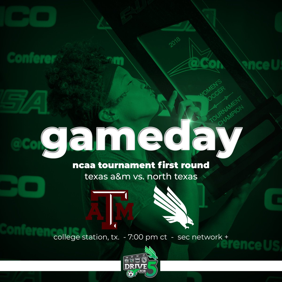 🚨GAMEDAY🚨

🏆 NCAA Tournament First Round
🆚 Texas A&amp;M
📍College Station, TX
⌚️7 pm CT
📺 SEC Network +
📊 MeanGreenStats.com
#GMG #DriveFor5 🏆⚽️