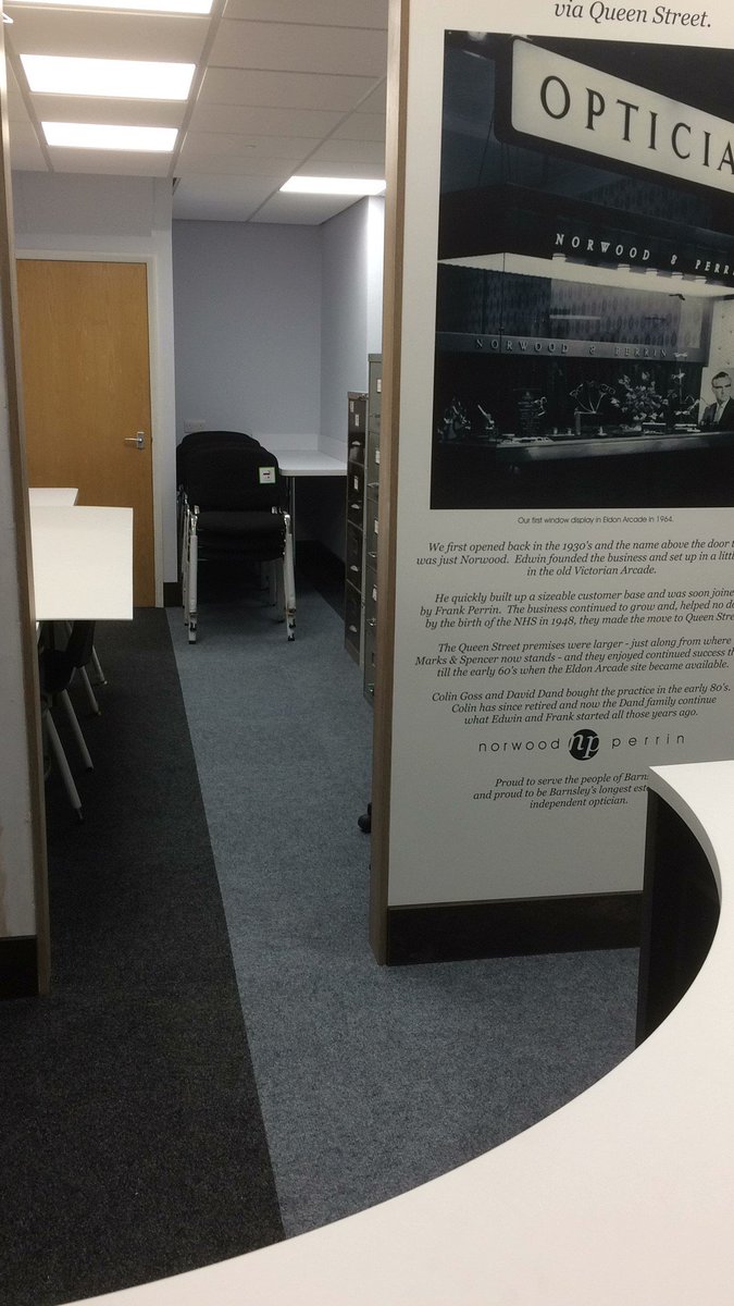Weareimageworks's tweet image. Norwood Perrin Opticians.
Oldest established Independent in Barnsley.
New Re-Fit - Design &amp;amp; Build.
Managed to keep the practice trading throughout the Fit-out.
Superb support from Peter and his staff. 😎
#opticians #digitaldisplays #Refits