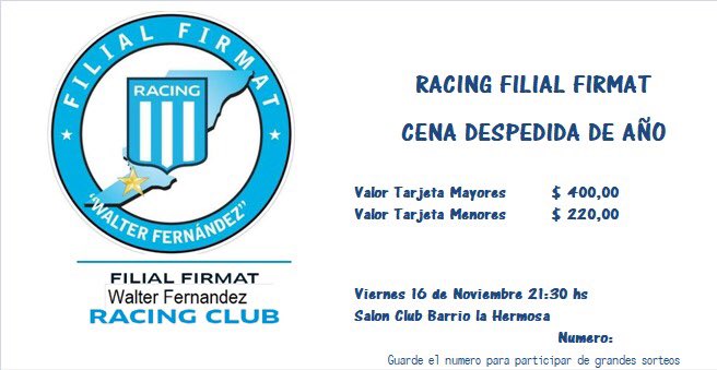 Se viene la gran despedida del año de ⁦<a href="/filialfirmat/">Racing Filial Firmat</a>⁩ nos acompañan ex jugadores, sorteos de productos ⁦<a href="/Kappa_Argentina/">Kappa Argentina</a>⁩ y varias sorpresas! Los esperamos académicos!!! VAMOS RACING CARAJO!!!