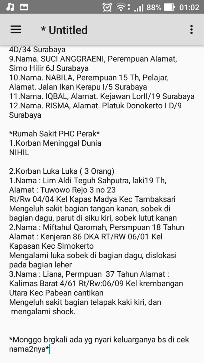 [DATA KORBAN]
Jikalau pusing membaca.

#SurabayaMembara 
#surabayaberduka 
#IndonesiaBerduka

*Dari OA Line (Just Solve It)
