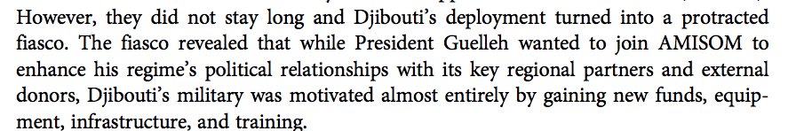  #Djibouti's military involvement with  #AMISOM was motivated almost entirely by gaining new funds, equipment, infrastructure and training.