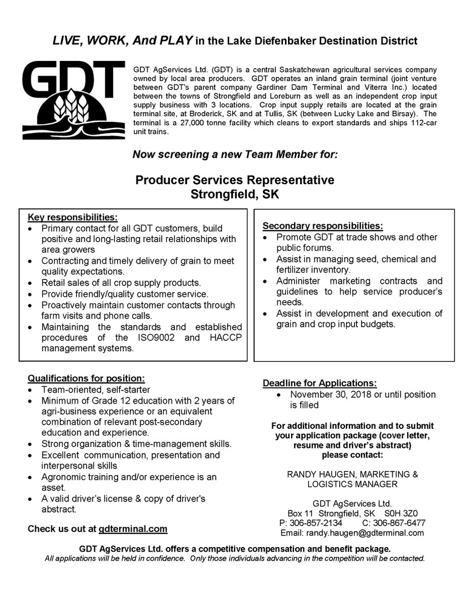 GDTerminal's tweet image. LIVE, WORK, and PLAY in the Lake Diefenbaker Destination District. @GDTerminal  we are seeking a new Team Member for Producer Services Representative at  our #GDTStrongfield SK, location.  Visit our #GDT "Careers" page at gdterminal.com/careers/  for more detail.