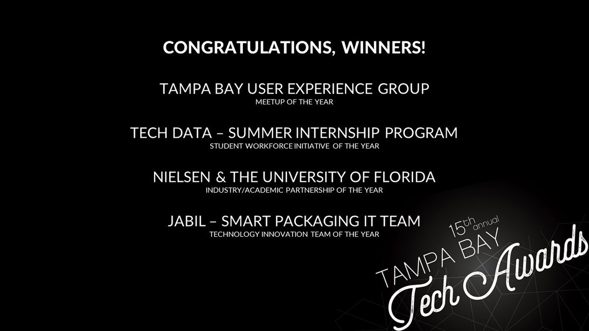 techtampabay's tweet image. Our judges have already named some winners of tonight's 15th Annual Tampa Bay Tech Awards! Congratulations to these organizations doing incredible work in our community! @Jabil @Nielsen @Tech_Data @uflorida @TampaBayUX #poweredbytech