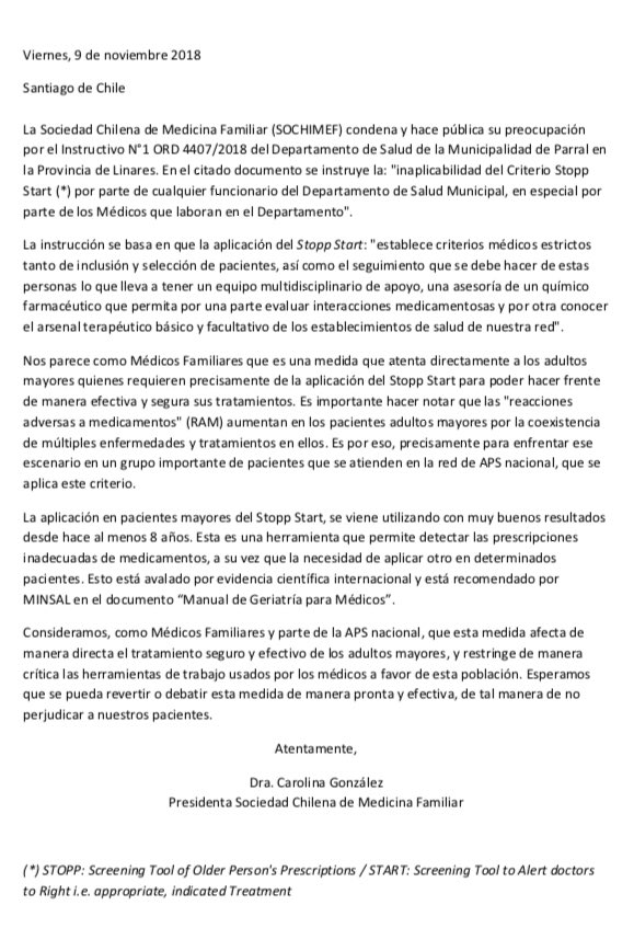 medfamiliar's tweet image. Declaración de @medfamiliar sobre instructivo de salud municipal de #parral sobre tema inaplicabilidad criterios #STOPPSTART 
Favor difundir @Socgeriatria @Homerogac @natho47 @aglasinovic  @camilo_bass @izkia @medicosapschile @QuatPrev @nancylopevas @jorge_pacheco @APSfamiliar