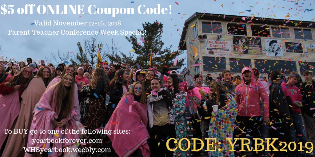 bcwyearbook's tweet photo. Online coupon code alert! Valid November 12-16, 2018! If you haven’t purchased your yearbook yet, now is the time! https://t.co/1slLUs1s6c