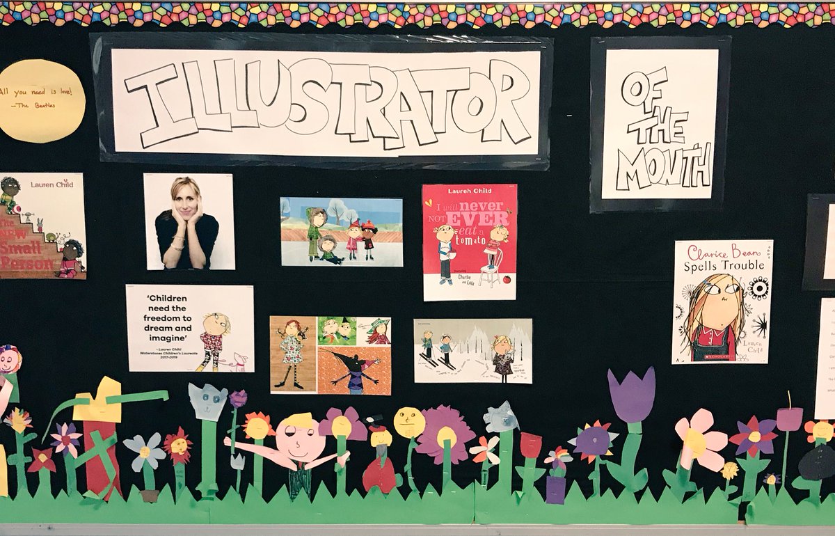 Another beautiful bulletin board from Mr. Matarazzo celebrating our children’s book illustrator of the month! Check our a book by the fabulous author/illustrator #LaurenChild! #ClariceBean #CharlieandLola #arteducation