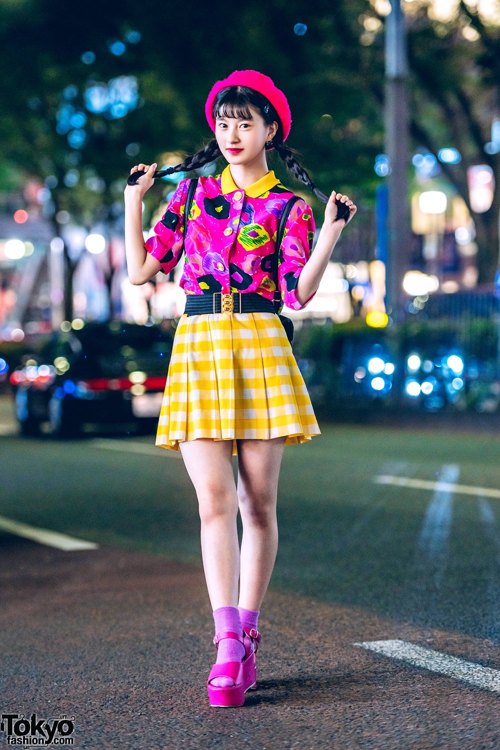 Tokyo Fashion on X: 14-year-old Japanese model and aspiring actress A-pon  (@a_ponnnnnn) on the street in Harajuku wearing a cheerful look featuring a  vintage print top, vintage checkered skirt, pink WEGO platform
