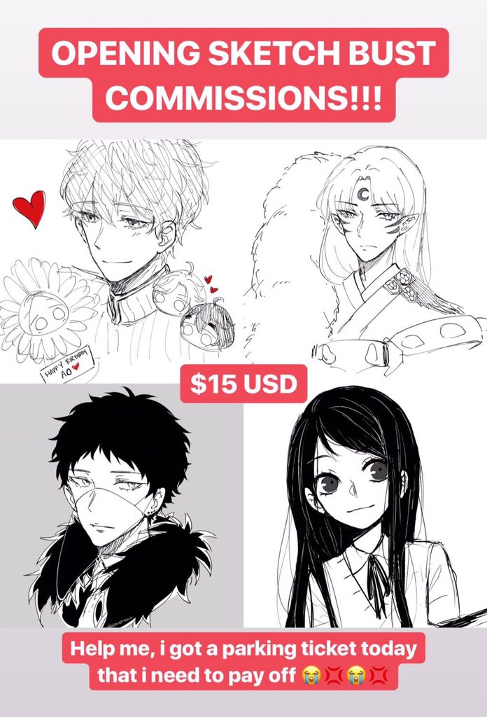 Woop forgot to post here- Opening Sketch Bust Commissions!!
• B&W
• $15USD
• Paypal only
DM for inquiries! RT's appreciated ☺️ 