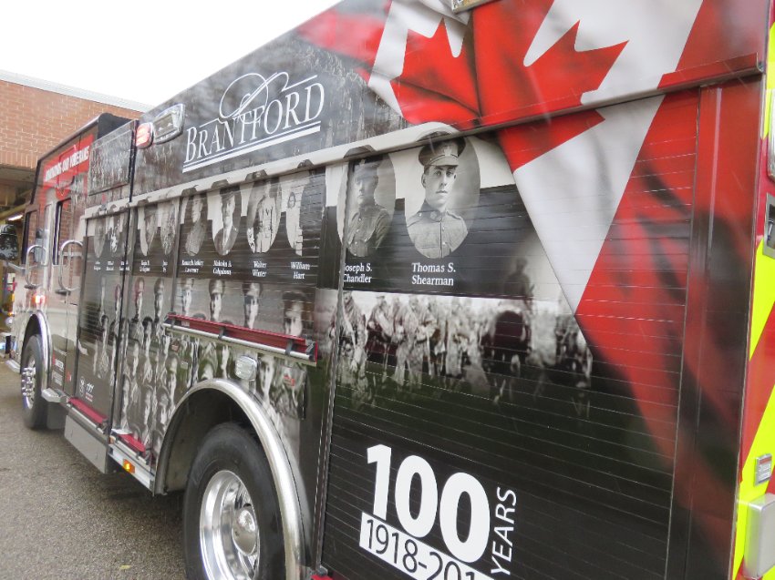 Unveiling our wrapped truck honouring #Armistice100 and Veterans this Remembrance Day. <a href="/CityofBrantford/">City of Brantford</a> &amp; Great War Centenary Assoc. along with sponsors worked together to make this happen <a href="/CarrierCenters/">Carrier Centers</a> <a href="/BrantfordPFFA/">Brantford Fire Fighters</a> <a href="/taskforcetips/">Task Force Tips</a> #Wurth @firetrucksca #RemembranceDay