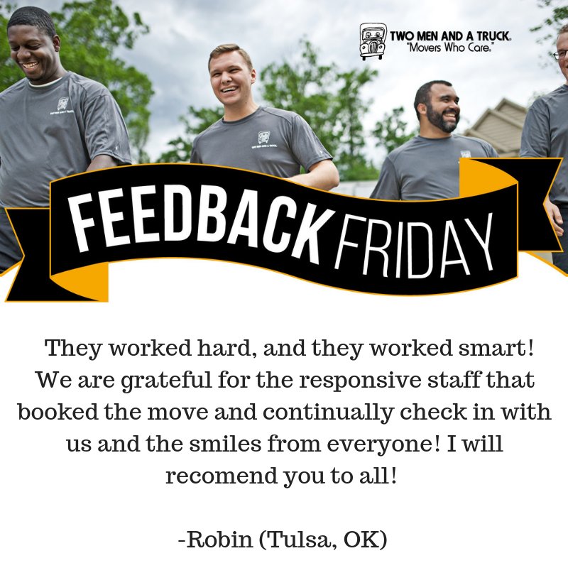 TwoMenTulsa's tweet image. Book your move today and find out why Robin was so happy with her move experience! Thank you, Robin! #MoversWhoCare