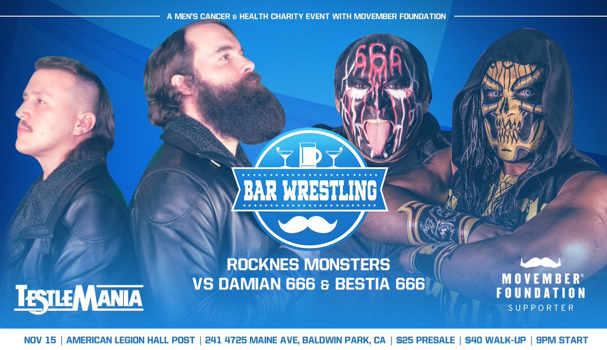 JUST ADDED to November 15th in SoCal! RockNES Monsters vs. Damian 666 & Bestia 666 Testlemania - a men’s health benefit show with @Movember $25 presale tickets at m.bpt.me/profile/2733662 $40 tickets at the door All Ages Doors at 8pm | Show at 9pm