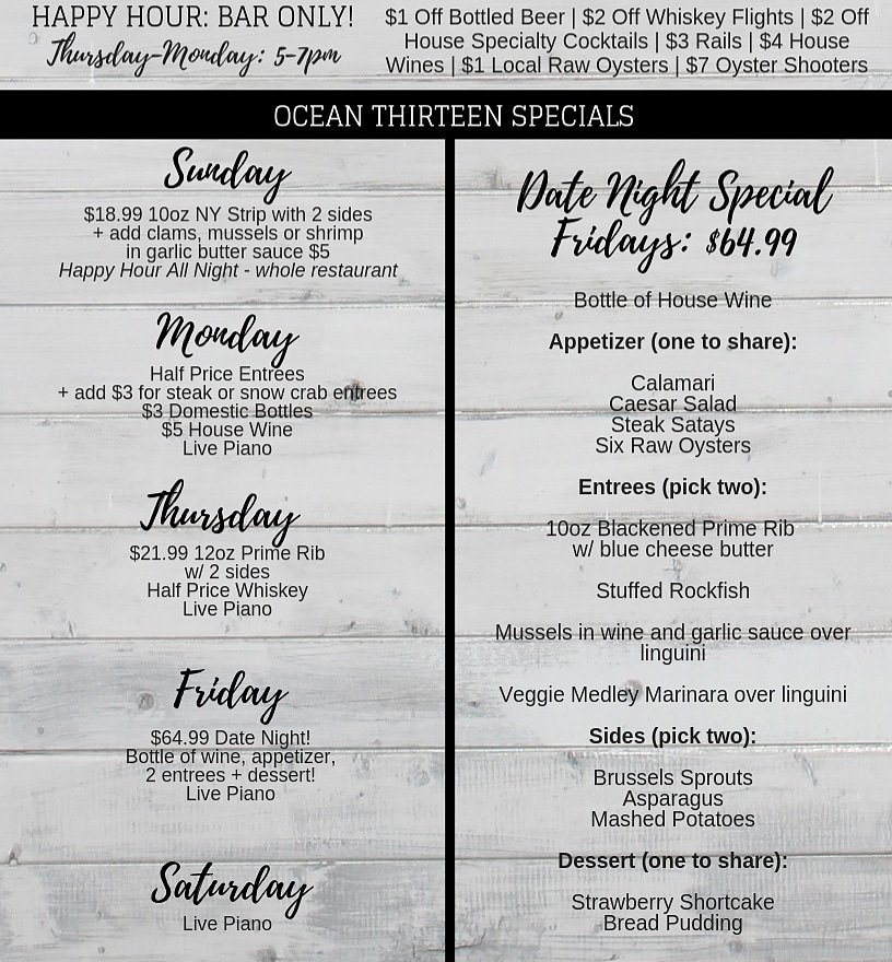 Ocean13ocmd's tweet photo. Come see what's special!

#ocean13ocmd #ocmd #Maryland #oceancity #seafood #steaks #steakhouse #fresh #foodie #happyhour #oysters #secondseason #specials #whiskey #craftbeer #cocktails #tikibar https://t.co/TYsf7vwYGc