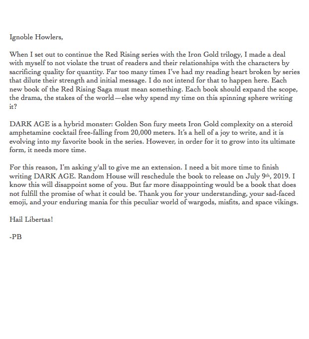 It will be completely worth the wait, <a href="/Pierce_Brown/">Pierce Brown</a>. Always is. Plus, this makes it a Birthday present for me. I'll take it. 🐺  RT <a href="/Pierce_Brown/">Pierce Brown</a>: Ignoble Howlers...