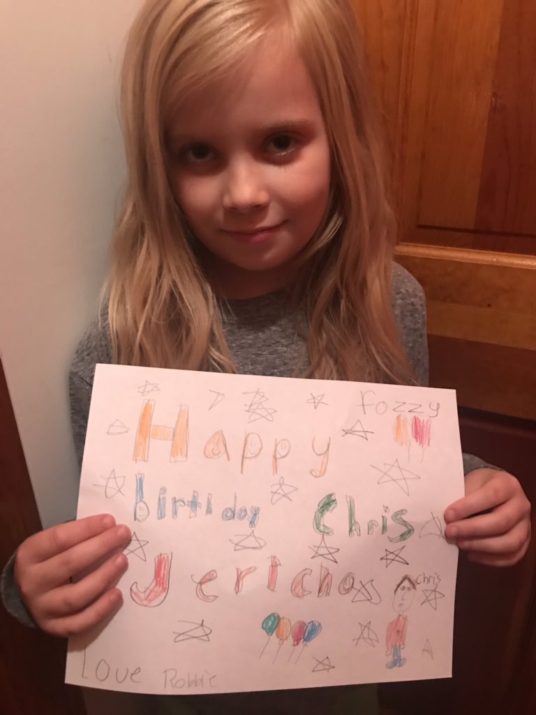 cynphippins's tweet photo. HAPPY, HAPPY BIRTHDAY from one of your smaller fans! @IAmJericho This little girl loves her some Jericho. From Robbie, age 8. ❤️🎁🎉🎊 https://t.co/zhQ86mTJNJ