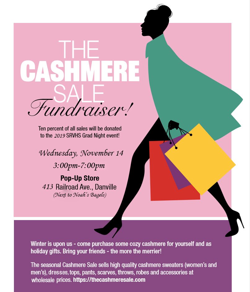 Get your mom  (or yourself) a holiday gift at the Cashmere Sale! 10% will go to our grad night so spread the word