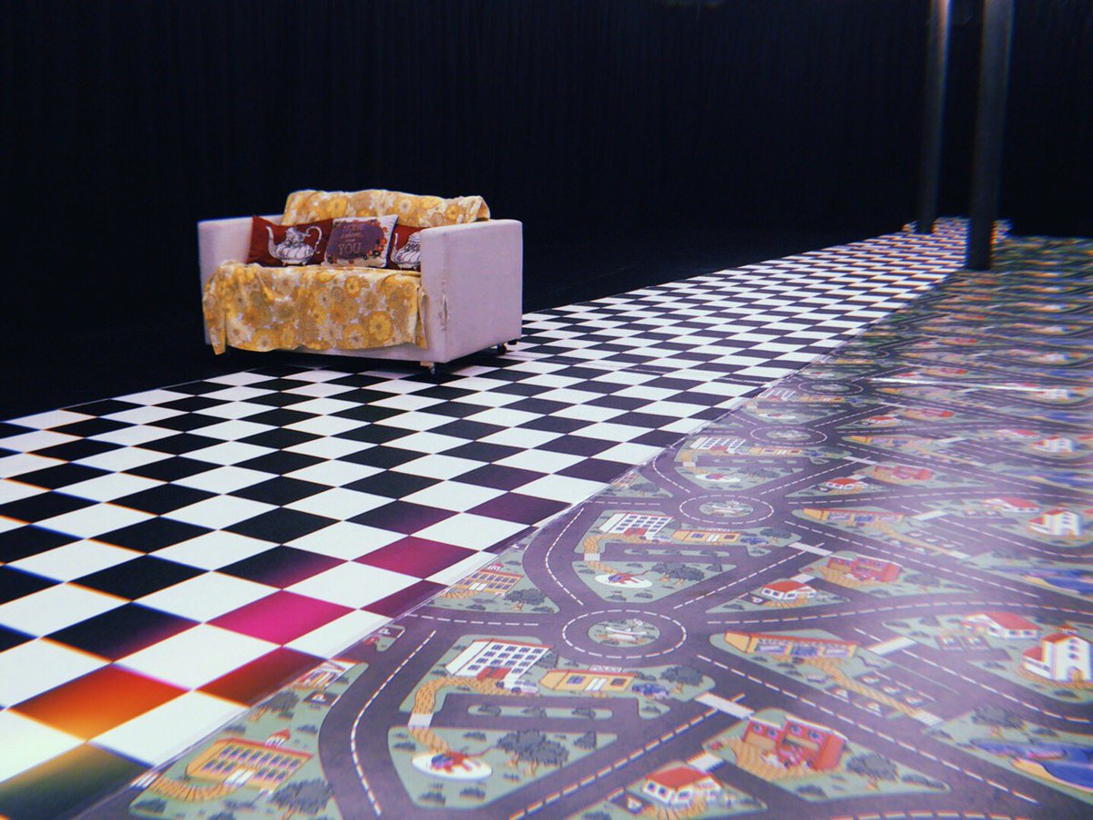 When your usual world is turned upside down... things get weirdddd 🕳 The floor was finally layed tonight for my new set! Crazy flooring for a Crazy play #🔫 #🎨 #🐒