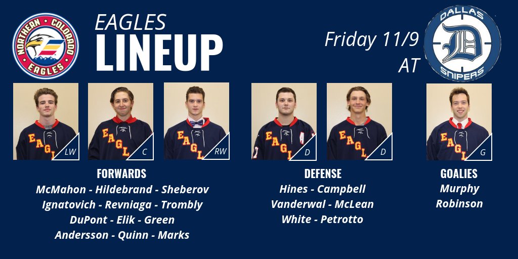 NorthernColoradoEagles (@nocoeaglesusphl) on Twitter photo Check out the line up for tonight's game against the <a href="/DallasSnipers/">Dallas Snipers</a>!
#EaglesOn85 #NCEHockey #MidWestDivision #Schmeagles Check out the line up for tonight's game against the <a href="/DallasSnipers/">Dallas Snipers</a>!
#EaglesOn85 #NCEHockey #MidWestDivision #Schmeagles